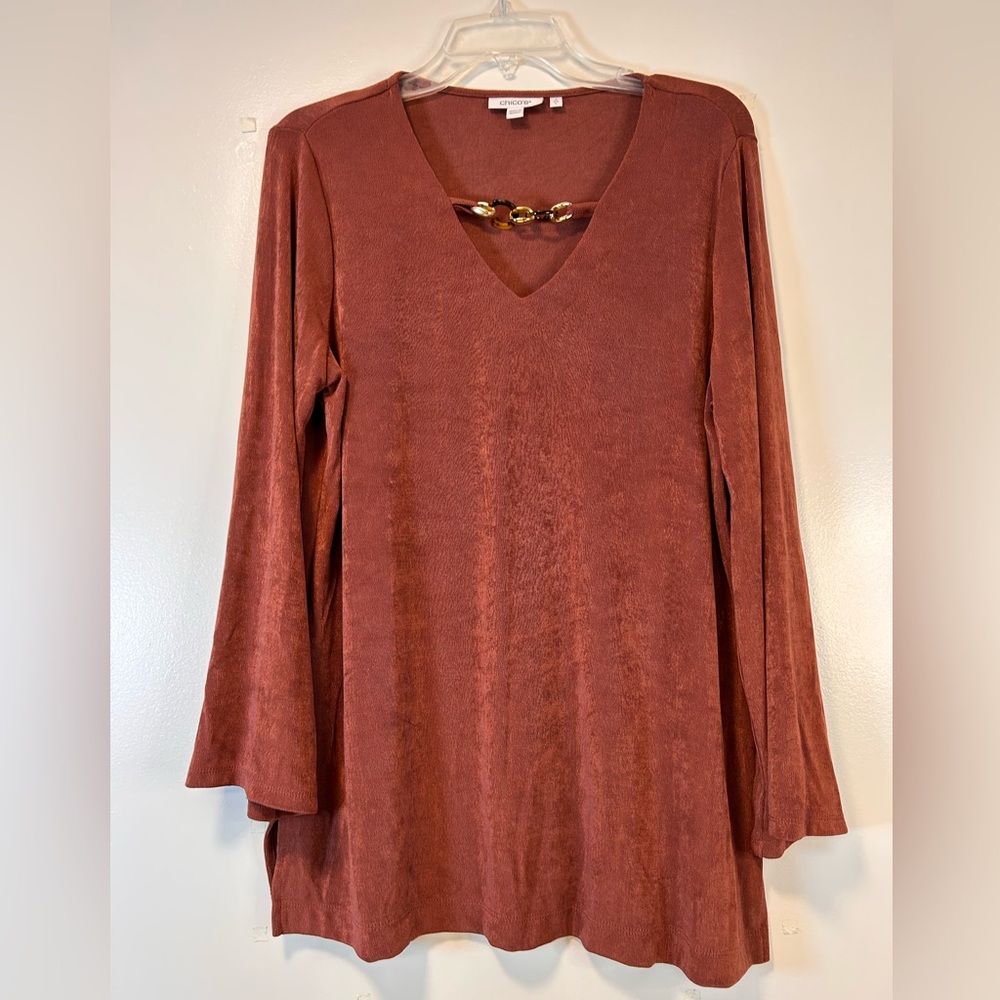 Chico’s Rust V-Neck Long Sleeve Tunic Top with Chain link Detail Women’s Large